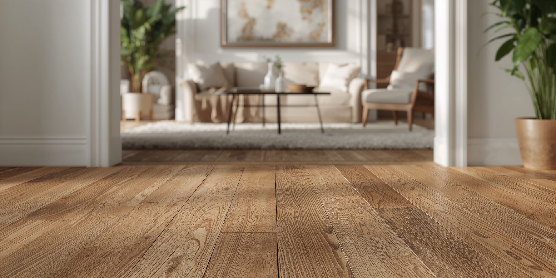 Warm wood-floor living room in a Los Angeles home