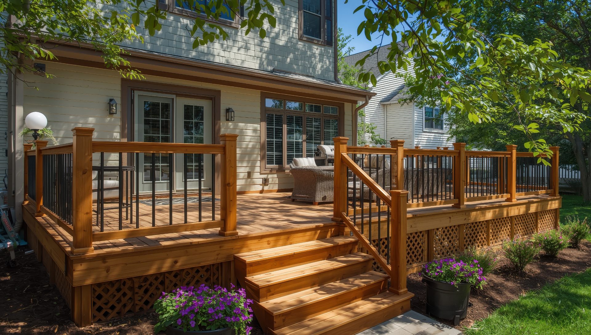 Cedar backyard deck with railing and steps