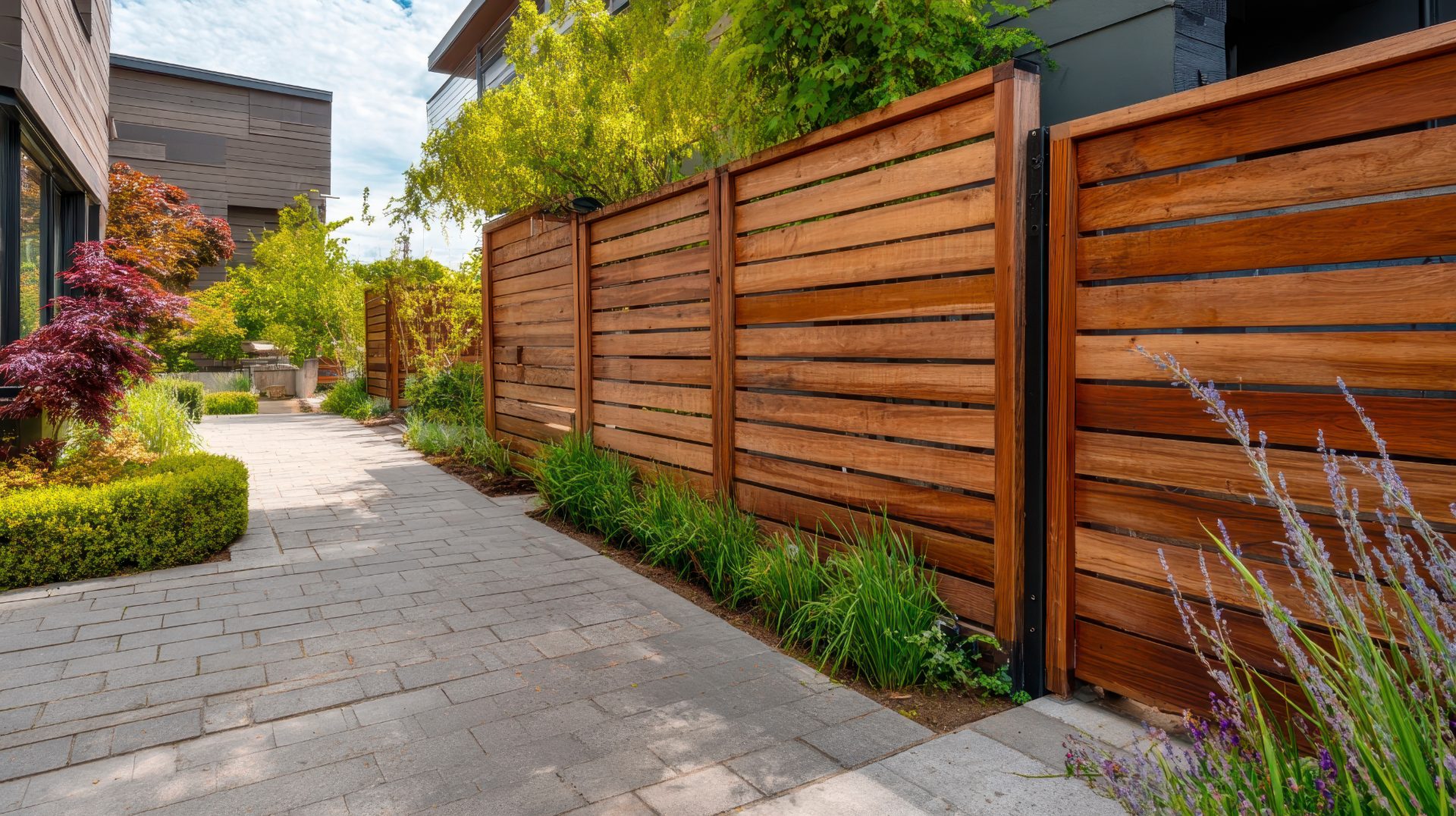 Modern horizontal wood privacy fence