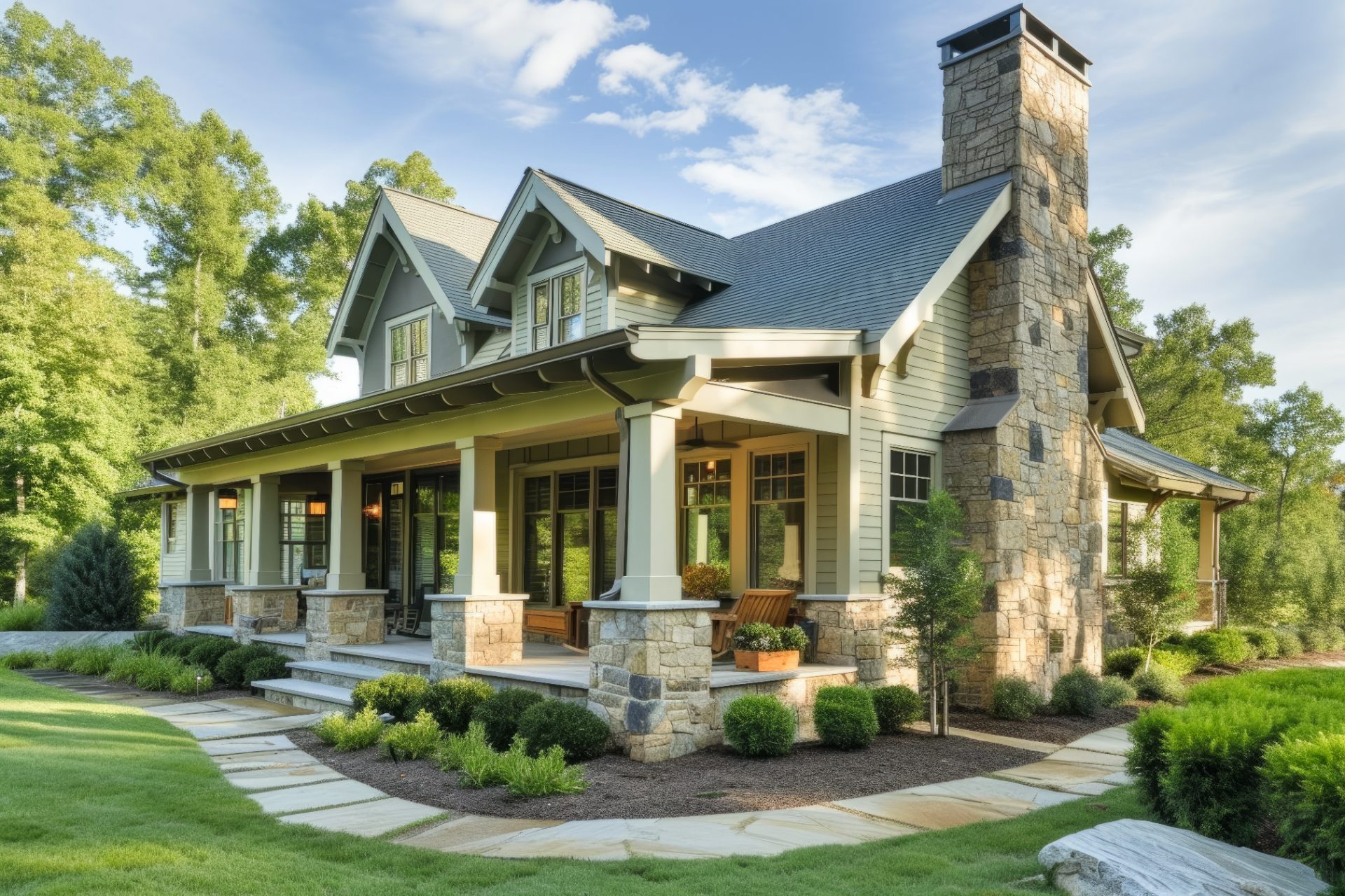 Craftsman home with wraparound porch and stone chimney in Los Angeles