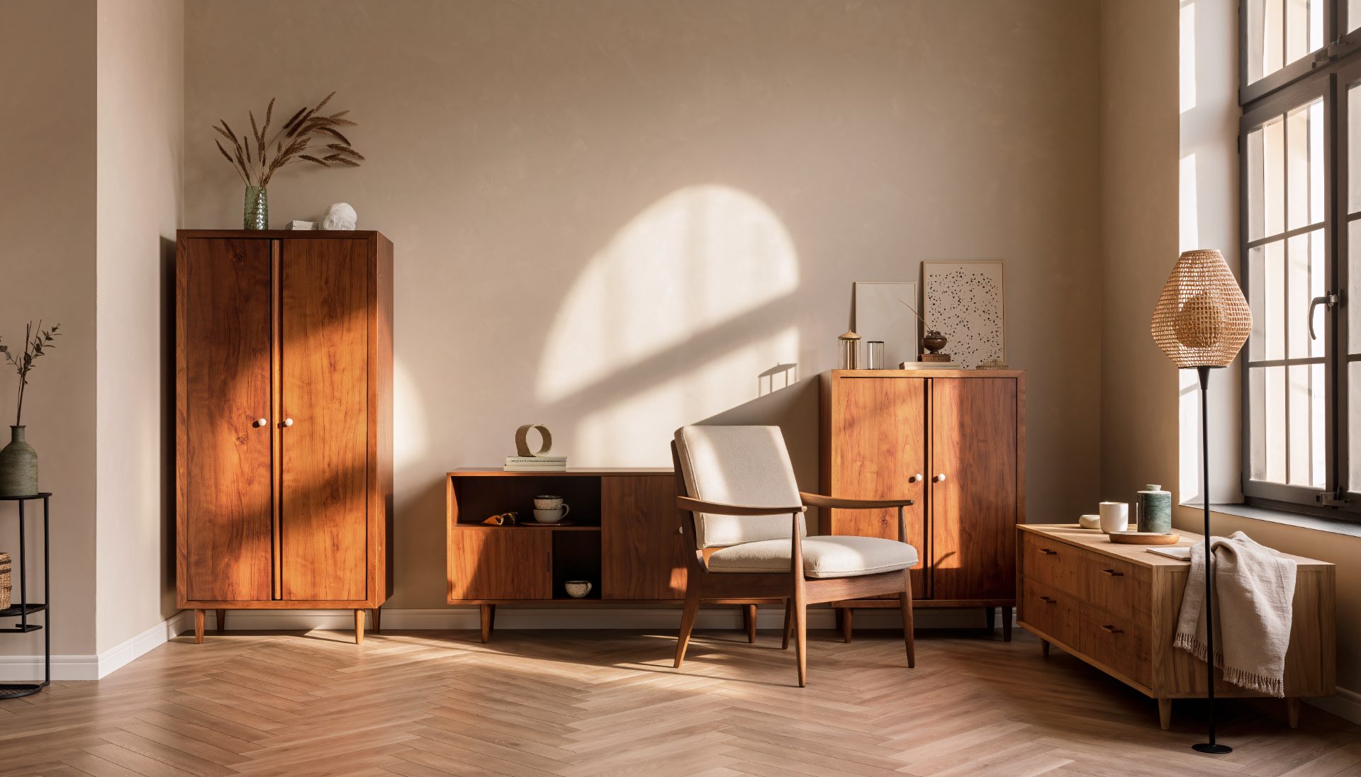 Warm mid-century interior with custom wood furniture