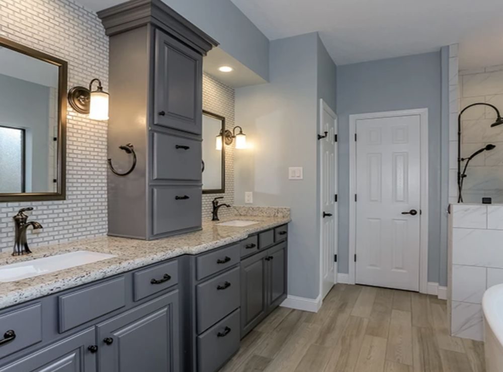 Primary bath with custom gray vanity